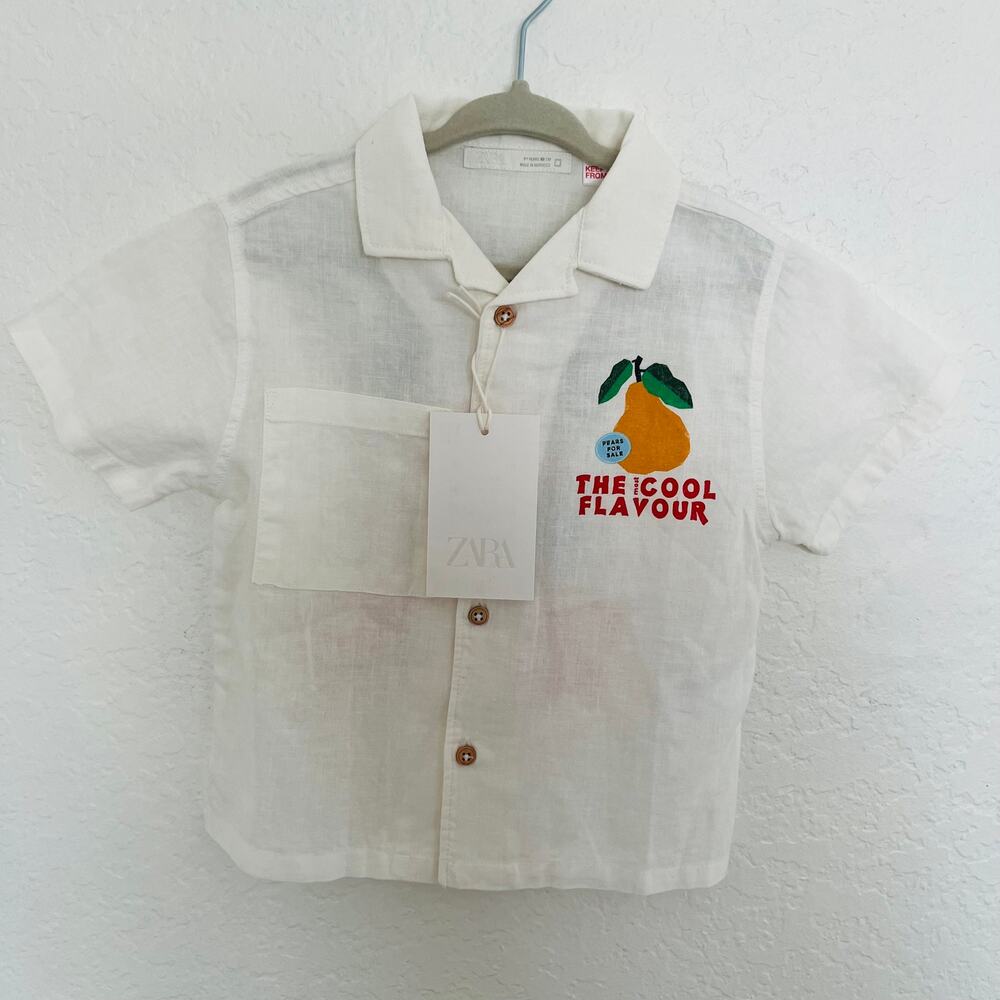 Zara NWT White Linen Blend Pear Graphic Button Down Shirt Size 1.5Y (12-18m)